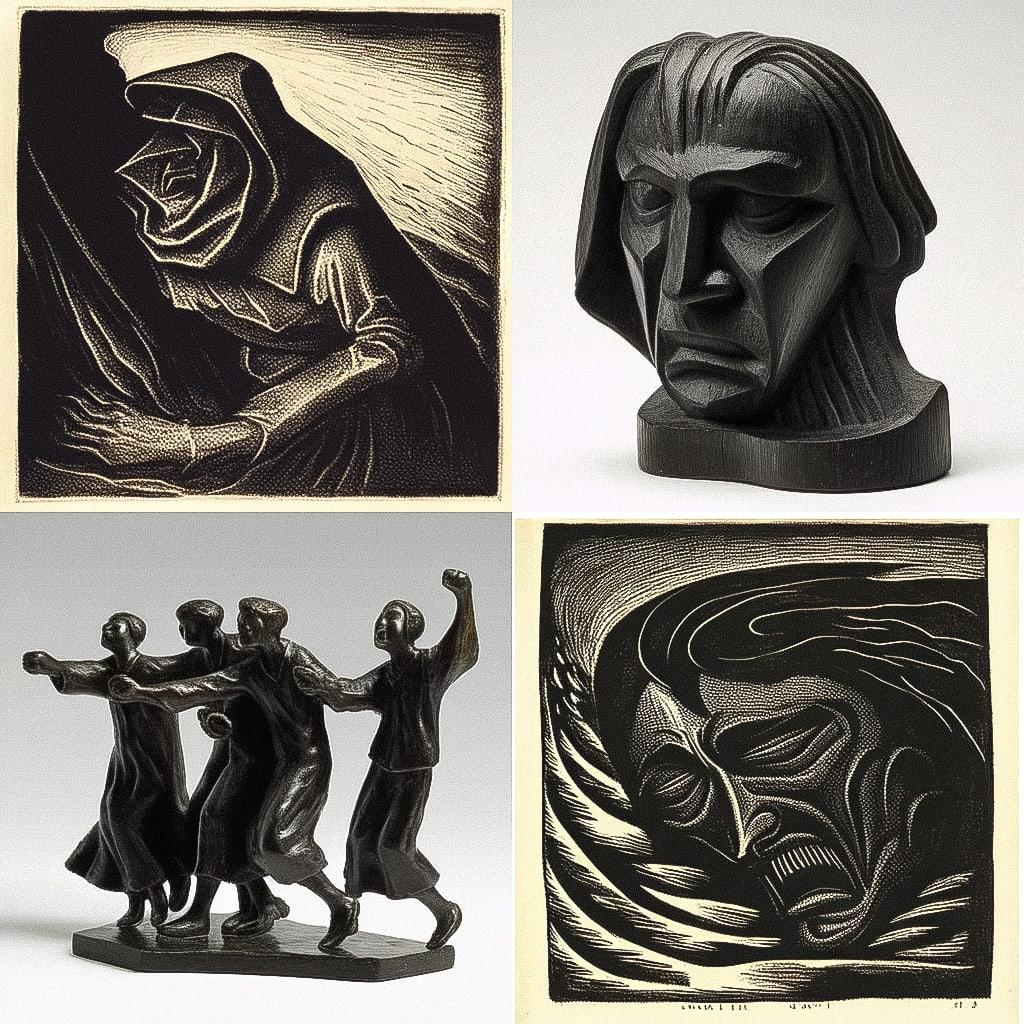 Ernst Barlach style, Midjourney Niji 4, render 1 of 4