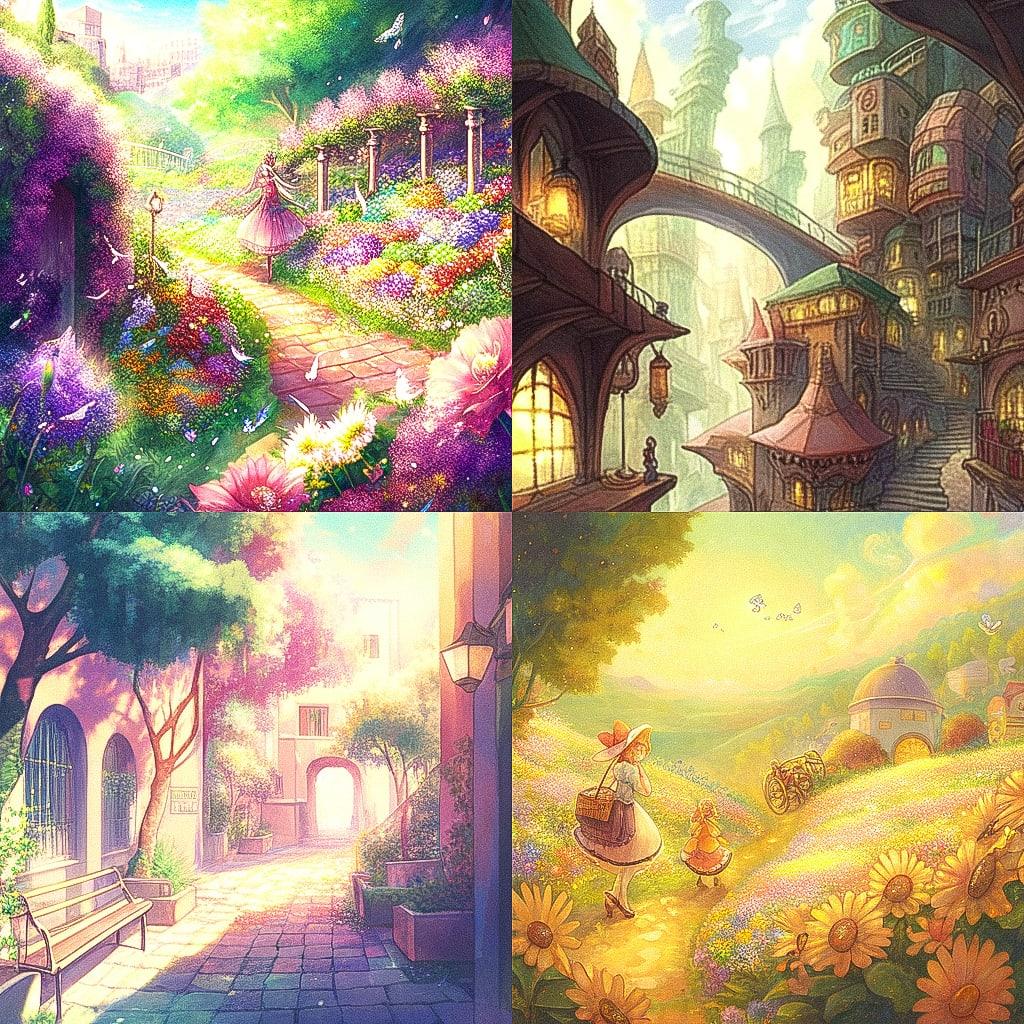Esther Pissarro style, Midjourney Niji 4, render 1 of 4
