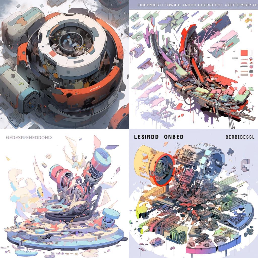 Exploded assembly style, Midjourney Niji 5, render 1 of 4