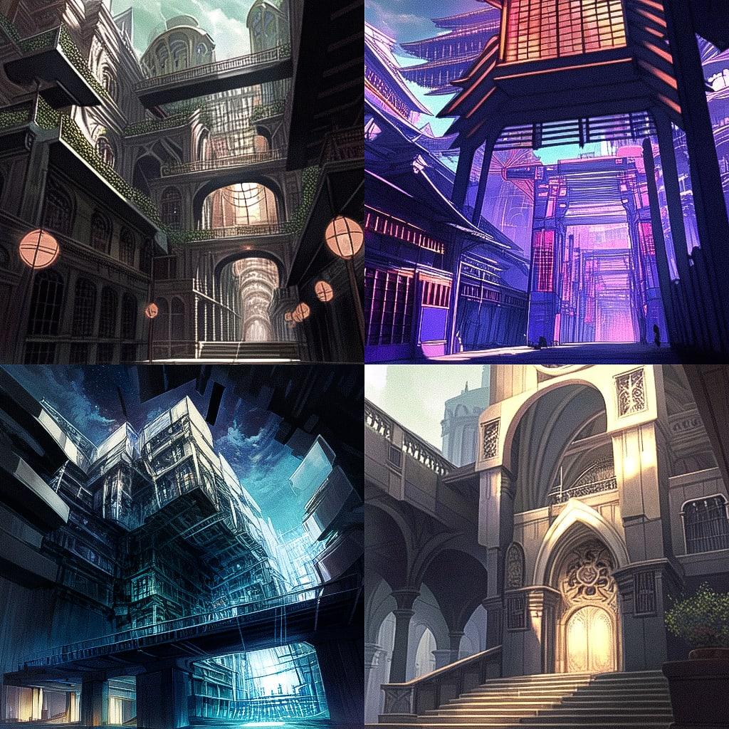 Expressionist architecture style, Midjourney Niji 4, render 1 of 4