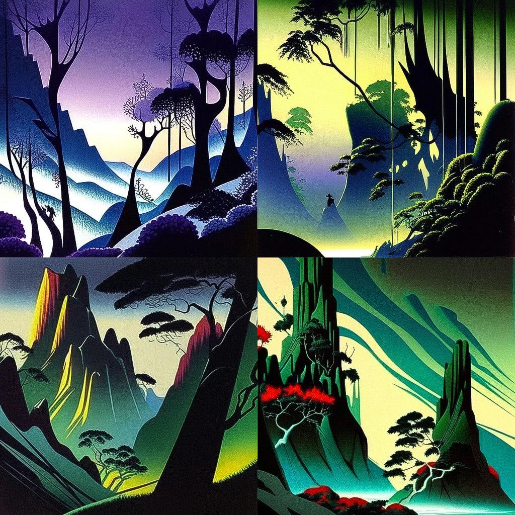 Eyvind Earle style, Midjourney Niji 4, render 1 of 4