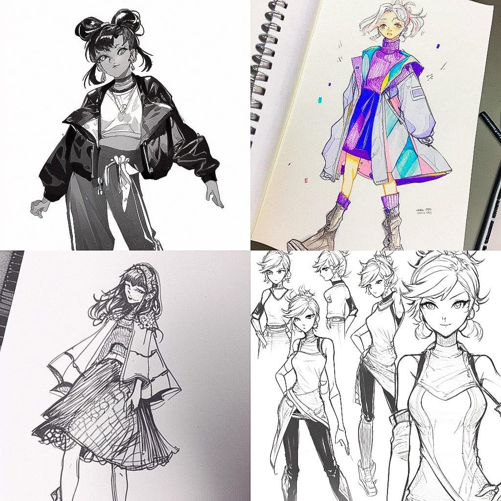 Fashion sketch style, Midjourney Niji 4, render 1 of 4
