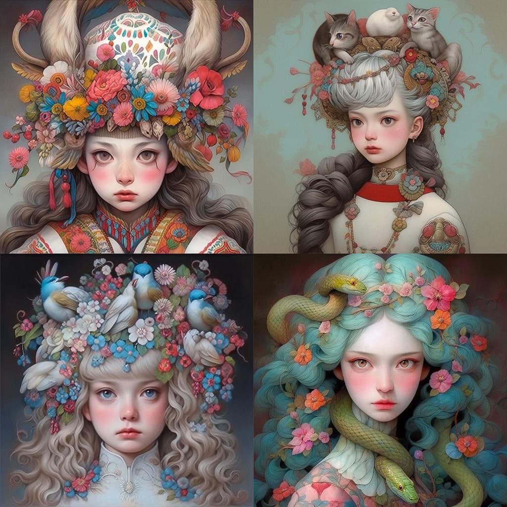 Fatima Ronquillo style, Midjourney Niji 5, render 1 of 4