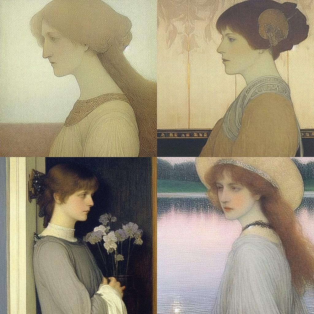 Fernand Khnopff style, Midjourney Niji 4, render 1 of 4
