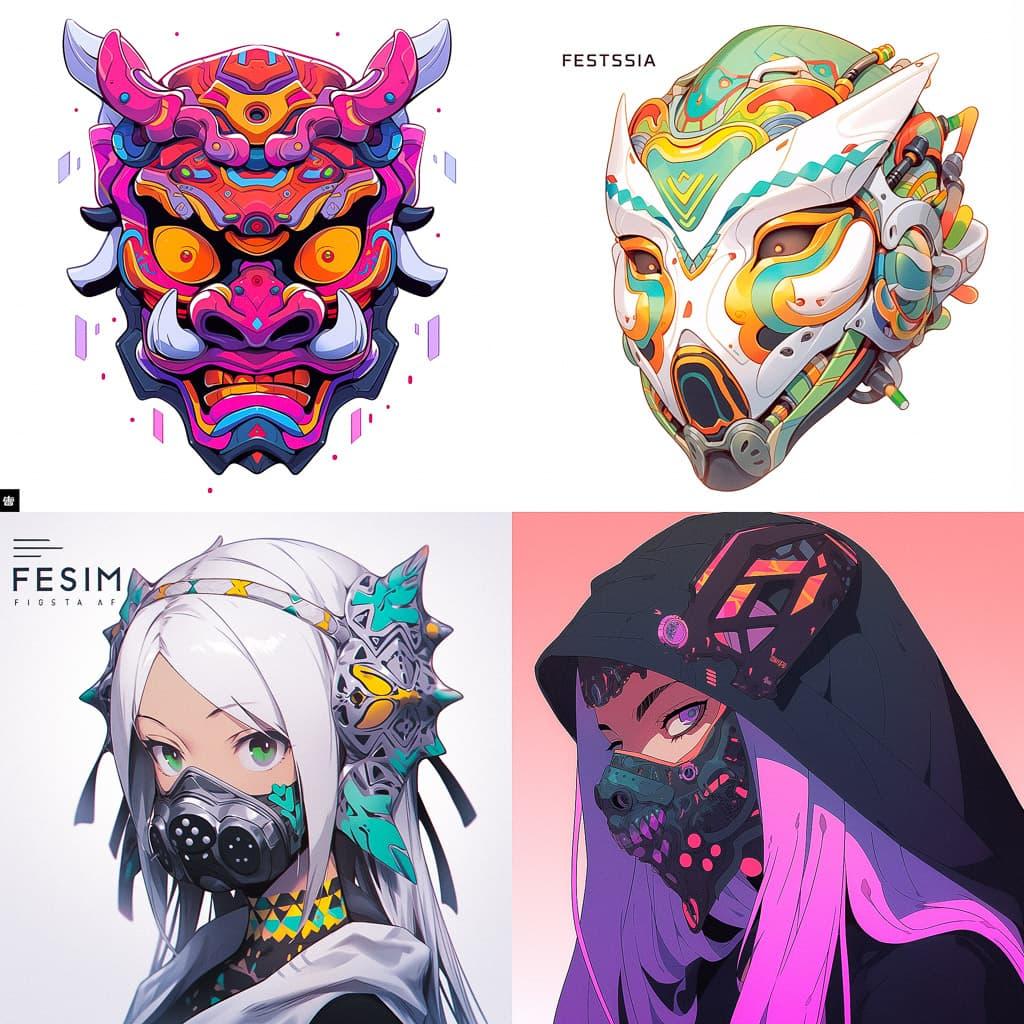 Festima mask style, Midjourney Niji 5, render 1 of 4