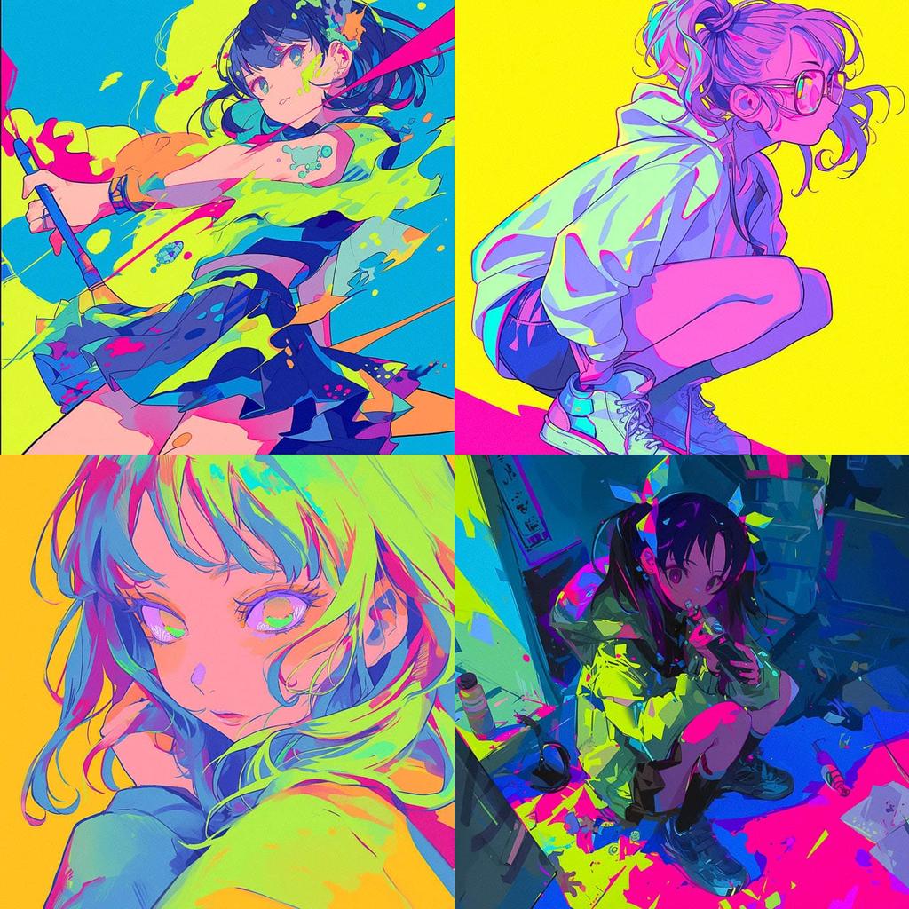 Fluorescent colors style, Midjourney Niji 6, render 1 of 4