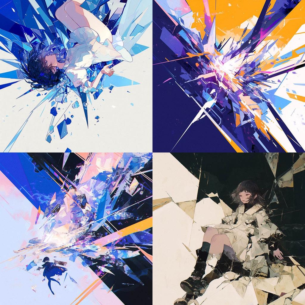 Fragmented composition style, Midjourney Niji 6, render 1 of 4