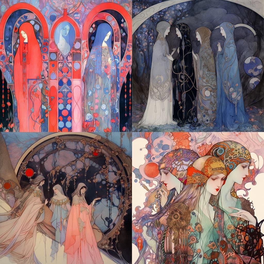 Frances MacDonald style, Midjourney Niji 5, render 1 of 4
