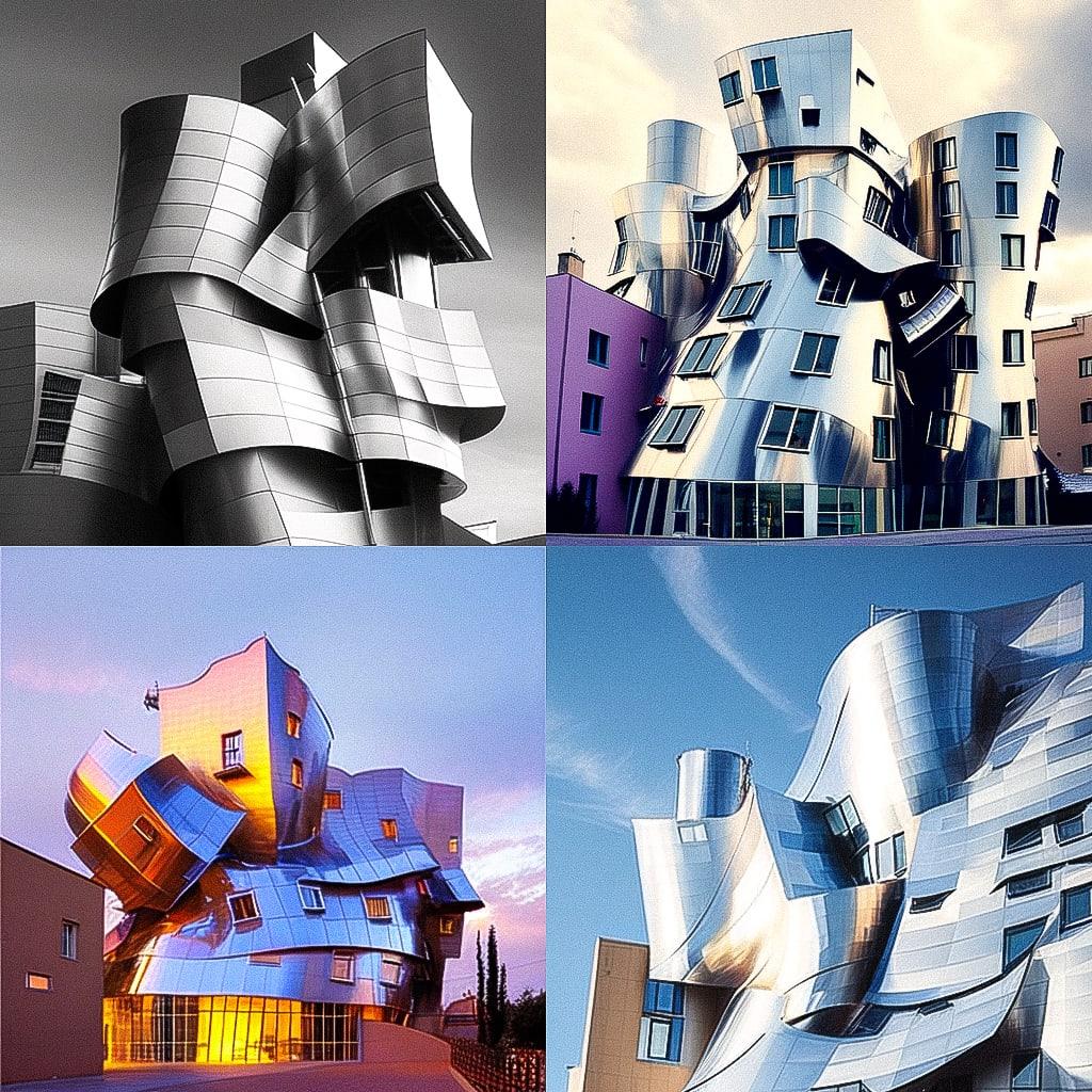 Frank Gehry style, Midjourney Niji 4, render 1 of 4