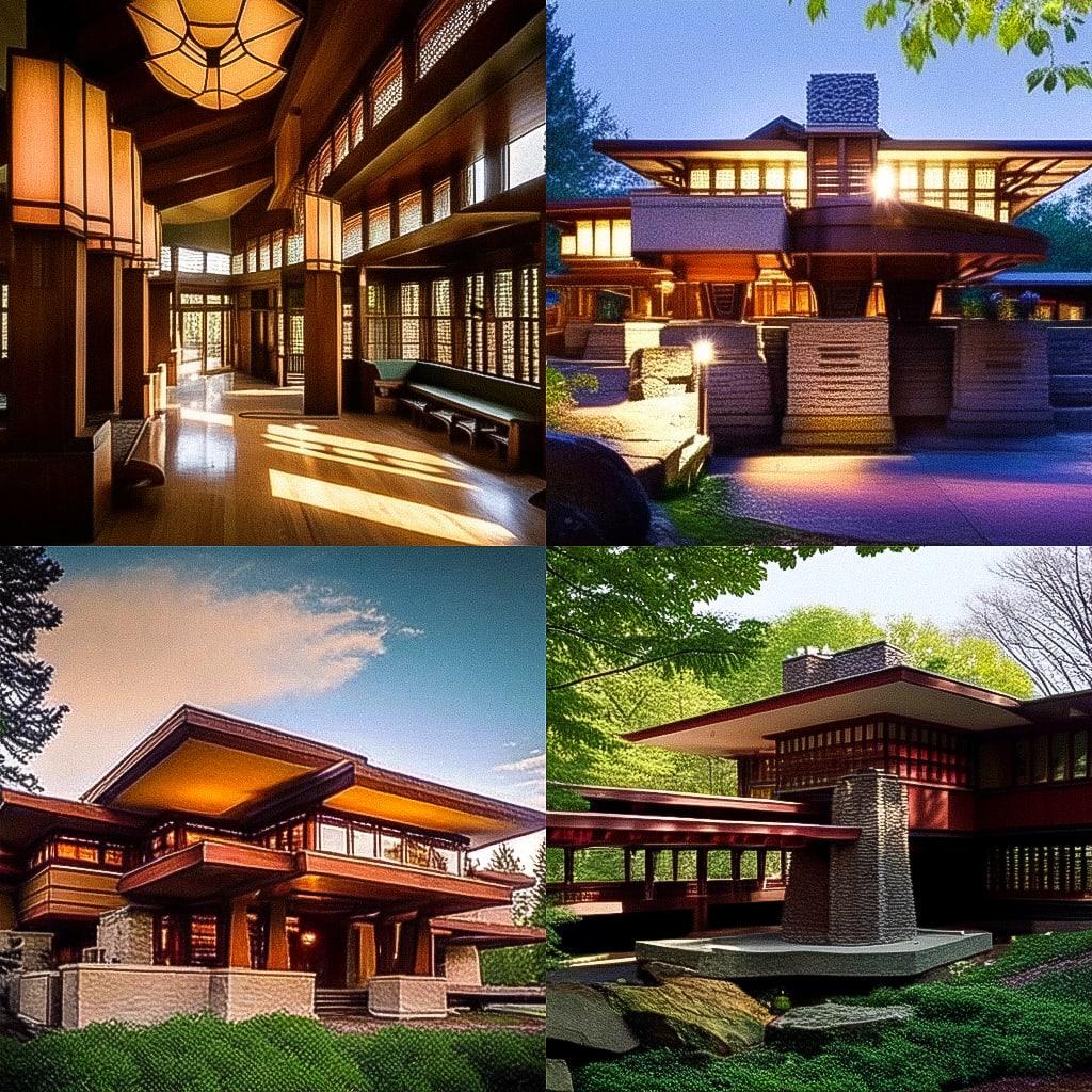 Frank Lloyd Wright style, Midjourney Niji 4, render 1 of 4