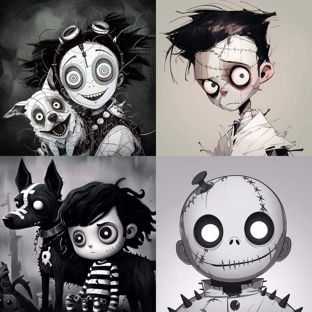Frankenweenie style, Midjourney Niji 5, render 1 of 4