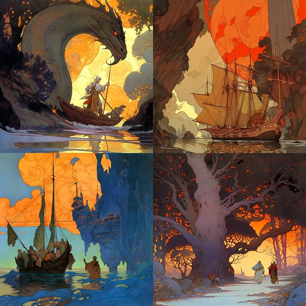 Franklin Booth style, Midjourney Niji 5, render 1 of 4