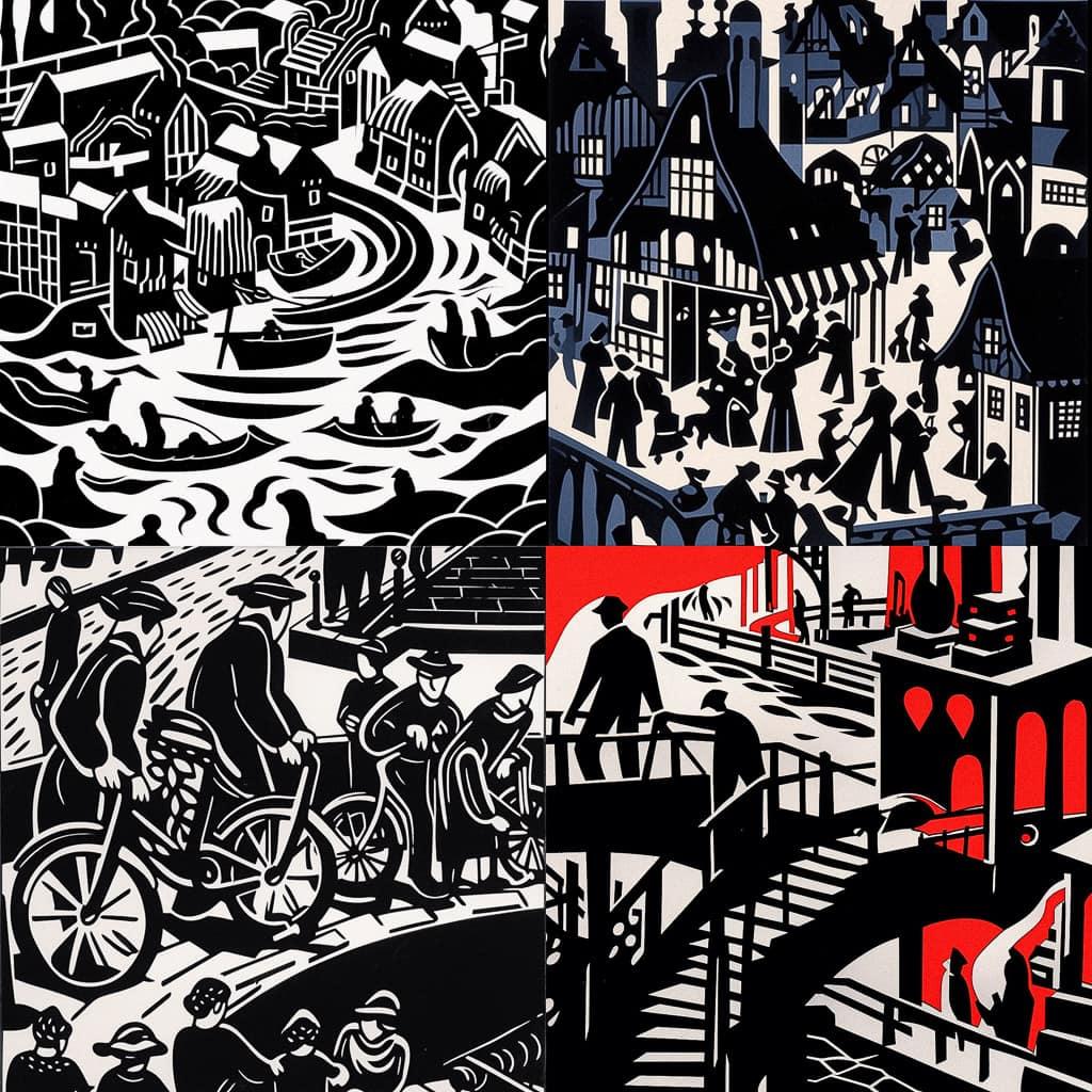 Frans Masereel style, Midjourney Niji 5, render 1 of 4