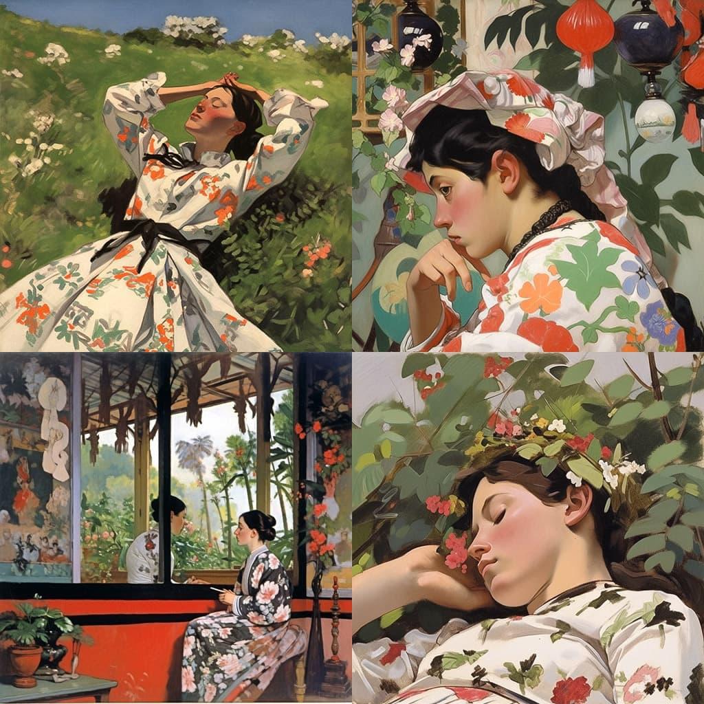 Frederic Bazille style, Midjourney Niji 5, render 1 of 4