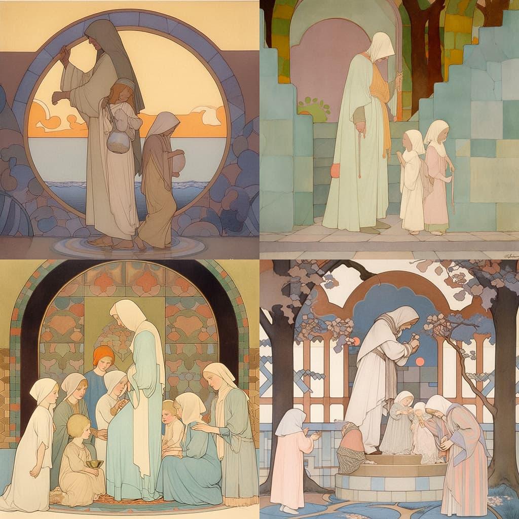 Frederick Cayley Robinson style, Midjourney Niji 5, render 1 of 4
