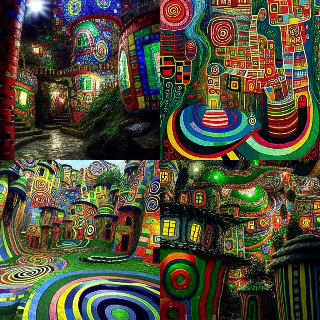 Friedensreich Hundertwasser style, Midjourney Niji 4, render 1 of 4