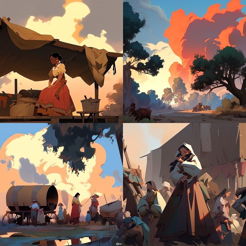 George Caleb Bingham style, Midjourney Niji 5, render 1 of 4