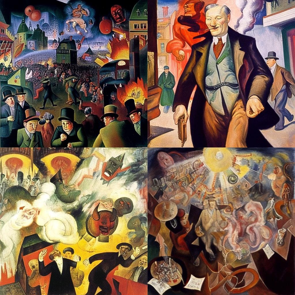 George Grosz style, Midjourney Niji 4, render 1 of 4