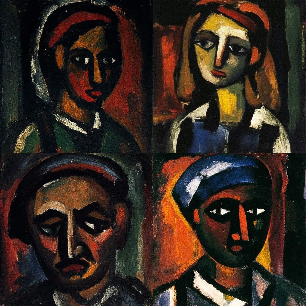 George Rouault style, Midjourney Niji 4, render 1 of 4