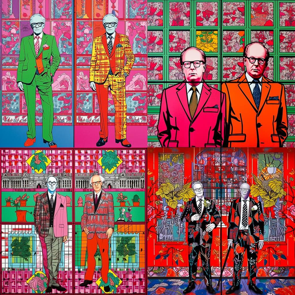 Gilbert and George style, Midjourney Niji 5, render 1 of 4