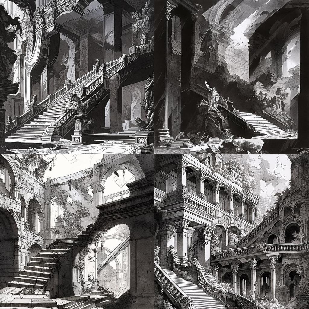 Giovanni Battista Piranesi style, Midjourney Niji 5, render 1 of 4