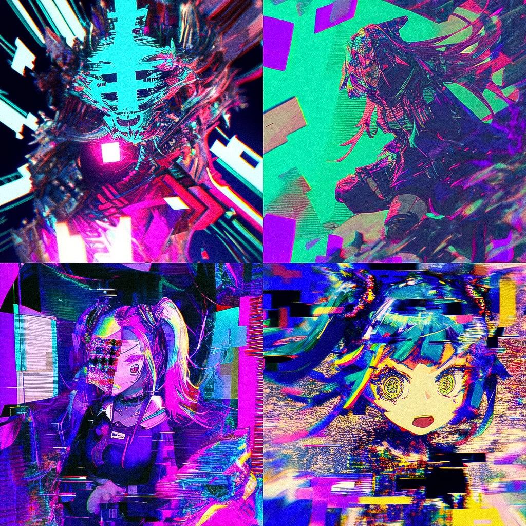 Glitch art style, Midjourney Niji 4, render 1 of 4