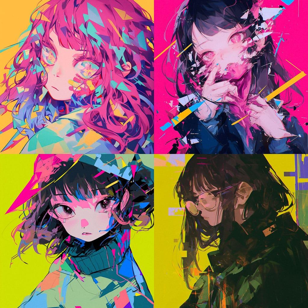 Glitchy style, Midjourney Niji 6, render 1 of 4