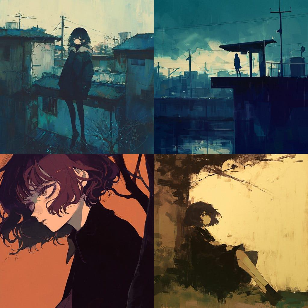 Gloomy atmosphere style, Midjourney Niji 6, render 1 of 4