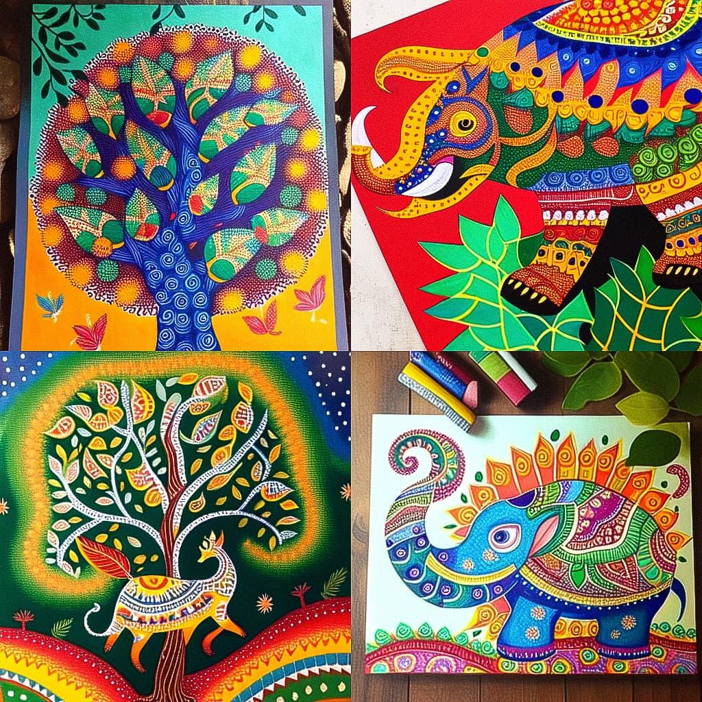 Gond painting style, Midjourney Niji 5, render 1 of 4