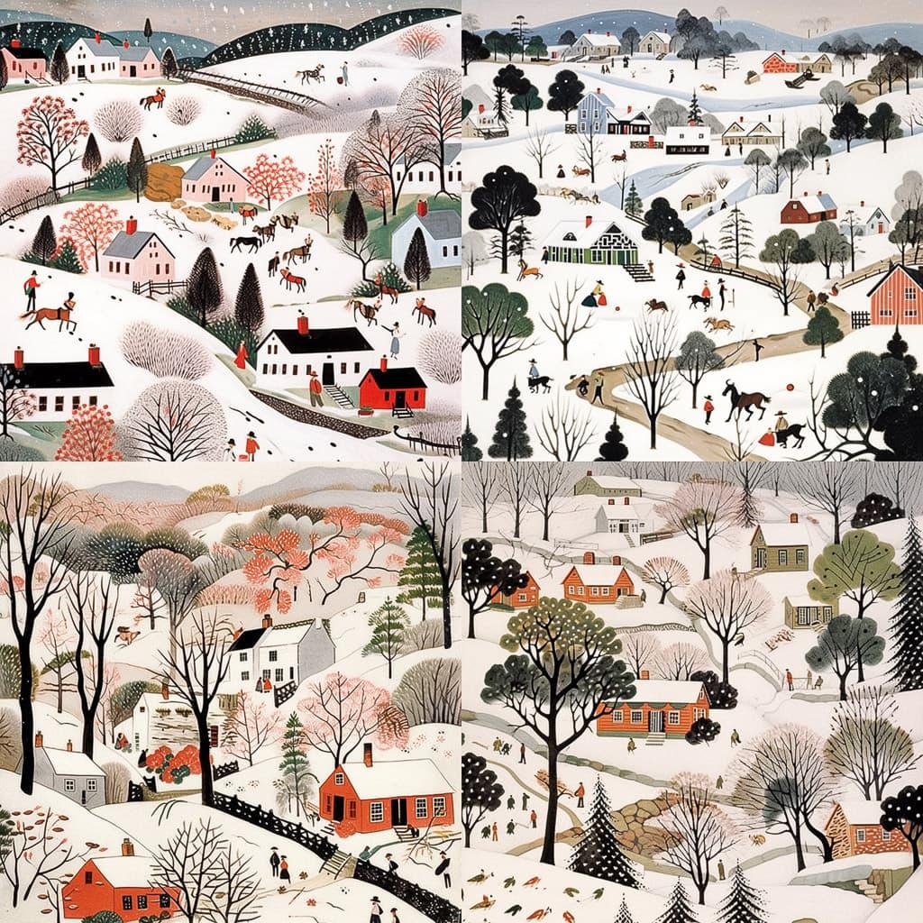 Grandma Moses style, Midjourney Niji 5, render 1 of 4