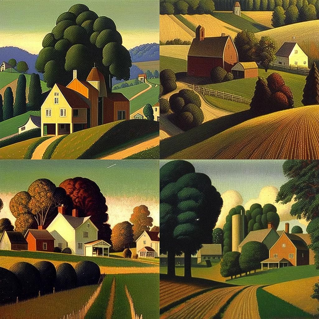 Grant Wood style, Midjourney Niji 4, render 1 of 4