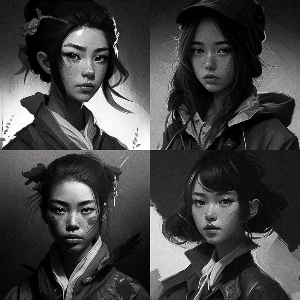 Grayscale style, Midjourney Niji 4, render 1 of 4