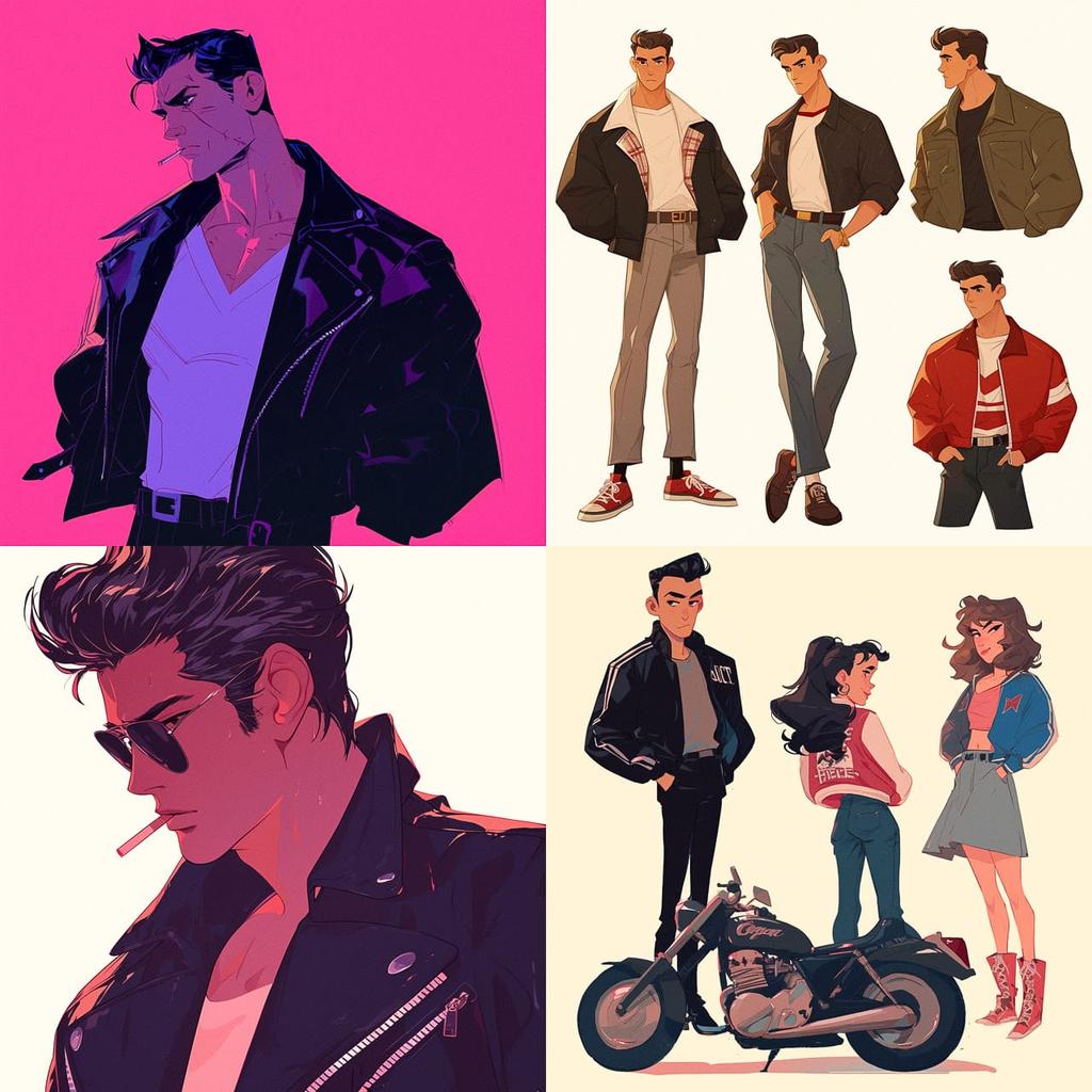 Greaser fashion style, Midjourney Niji 6, render 1 of 4