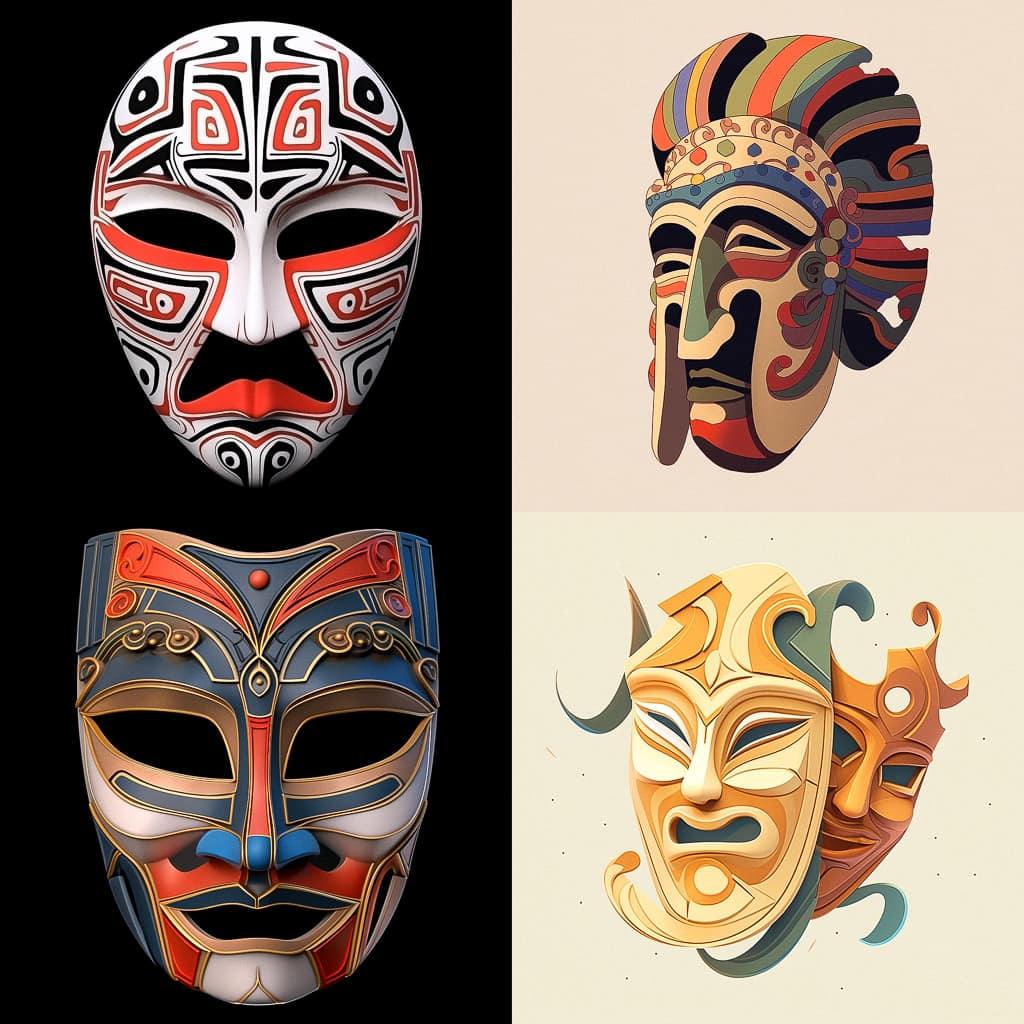 Greek Theatre mask style, Midjourney Niji 5, render 1 of 4