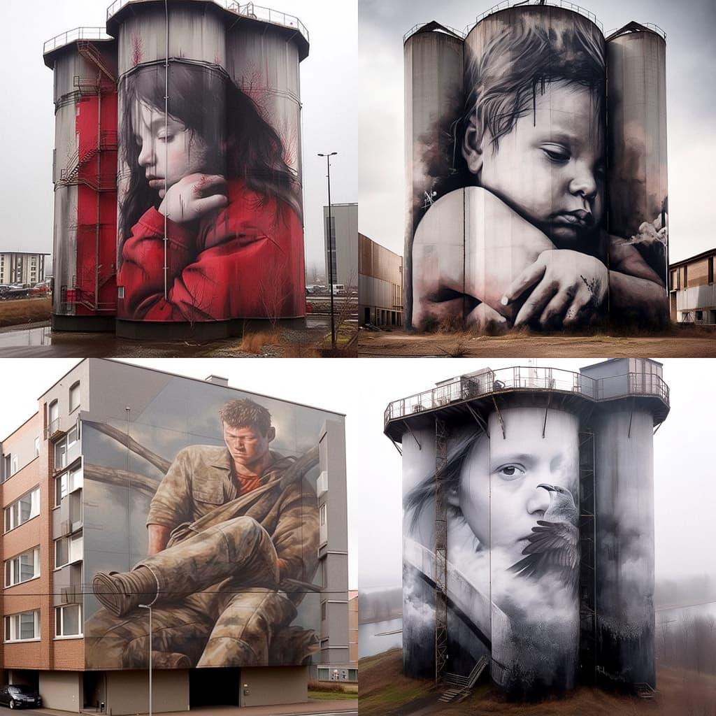 Guido van Helten style, Midjourney Niji 5, render 1 of 4