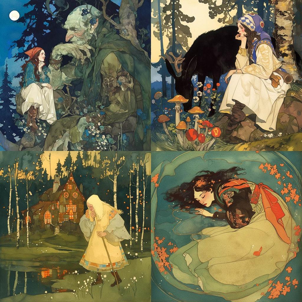 Gustaf Tenggren style, Midjourney Niji 5, render 1 of 4