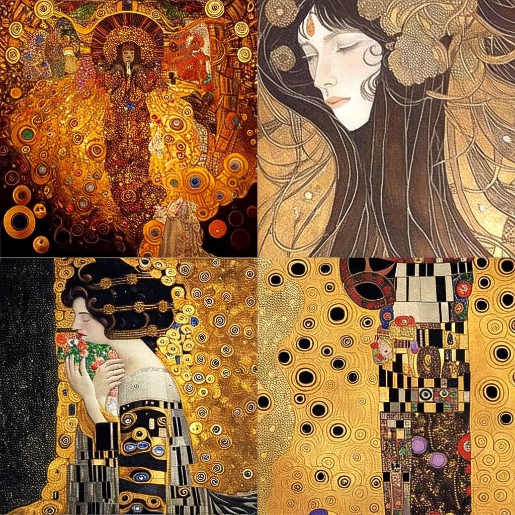 Gustav Klimt style, Midjourney Niji 4, render 1 of 4