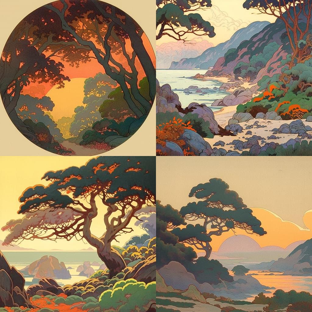 Gustave Baumann style, Midjourney Niji 5, render 1 of 4