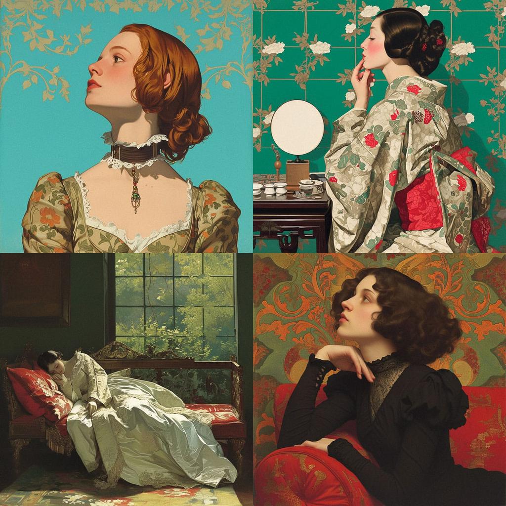 Gustave de Jonghe style, Midjourney Niji 5, render 1 of 4