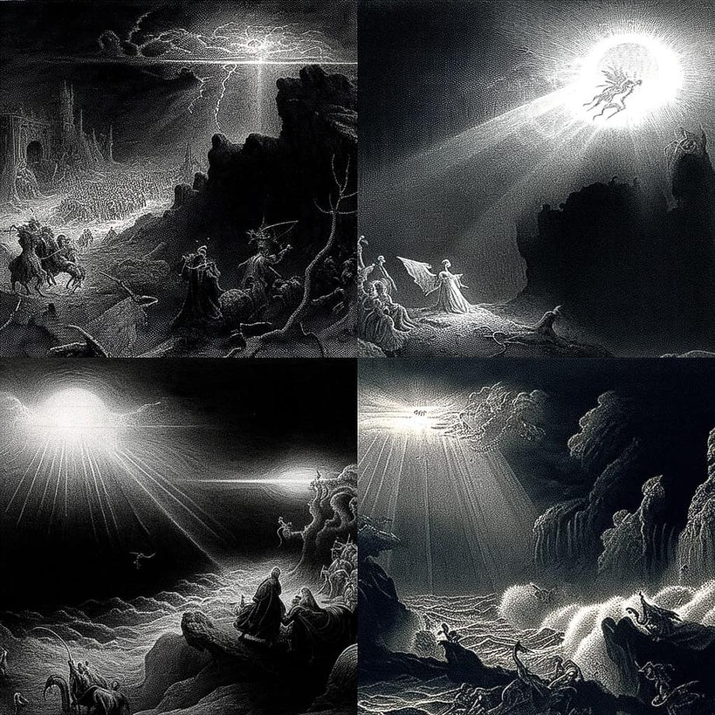 Gustave Dore style, Midjourney Niji 4, render 1 of 4