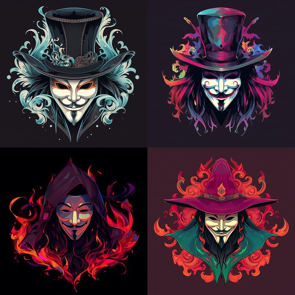 Guy Fawkes mask style, Midjourney Niji 5, render 1 of 4