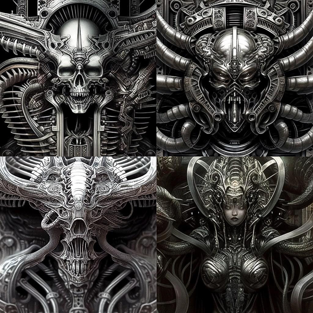 H. R. Giger style, Midjourney Niji 4, render 1 of 4