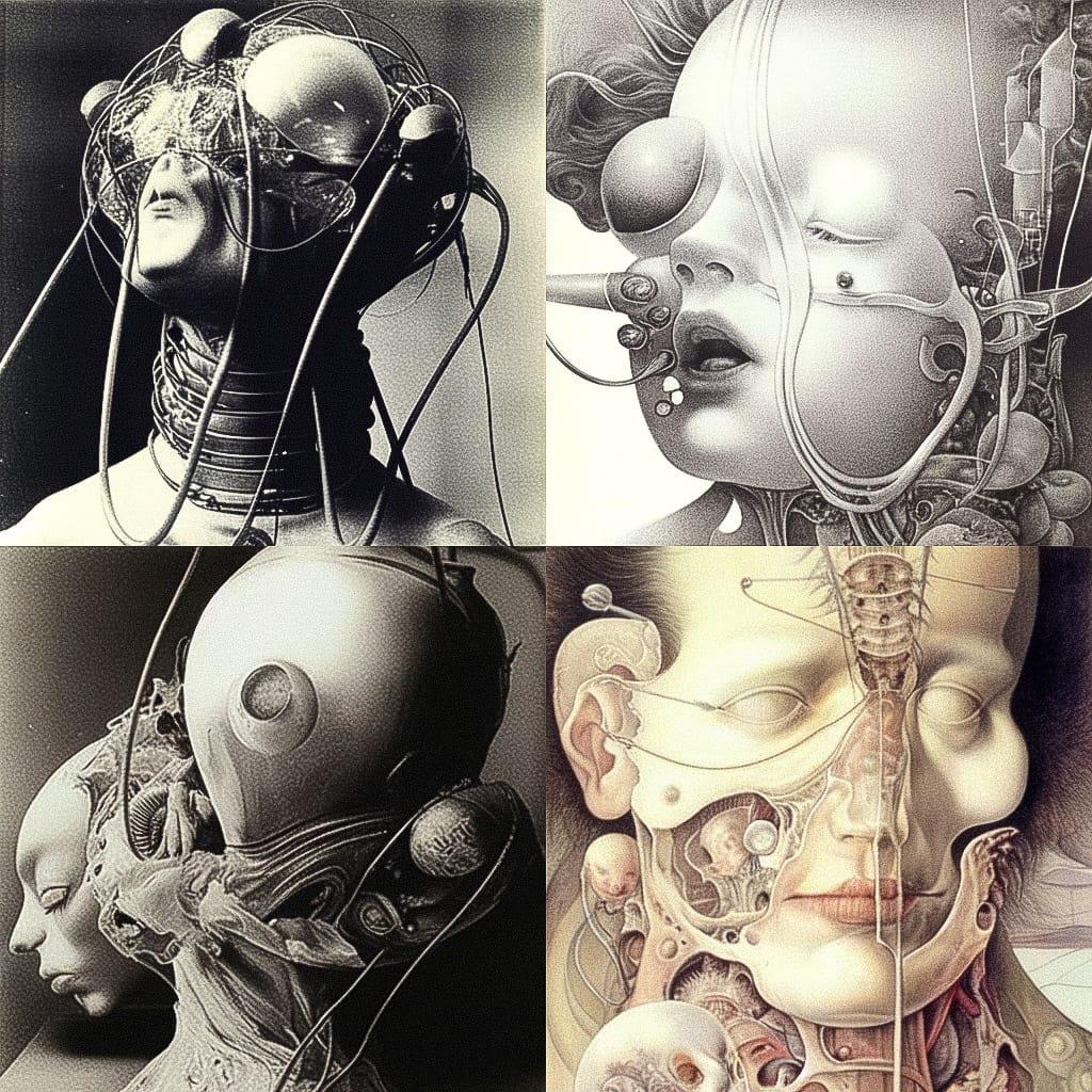 Hans Bellmer style, Midjourney Niji 4, render 1 of 4