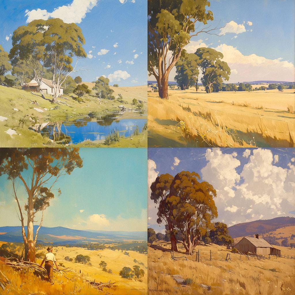 Hans Heysen style, Midjourney Niji 5, render 1 of 4