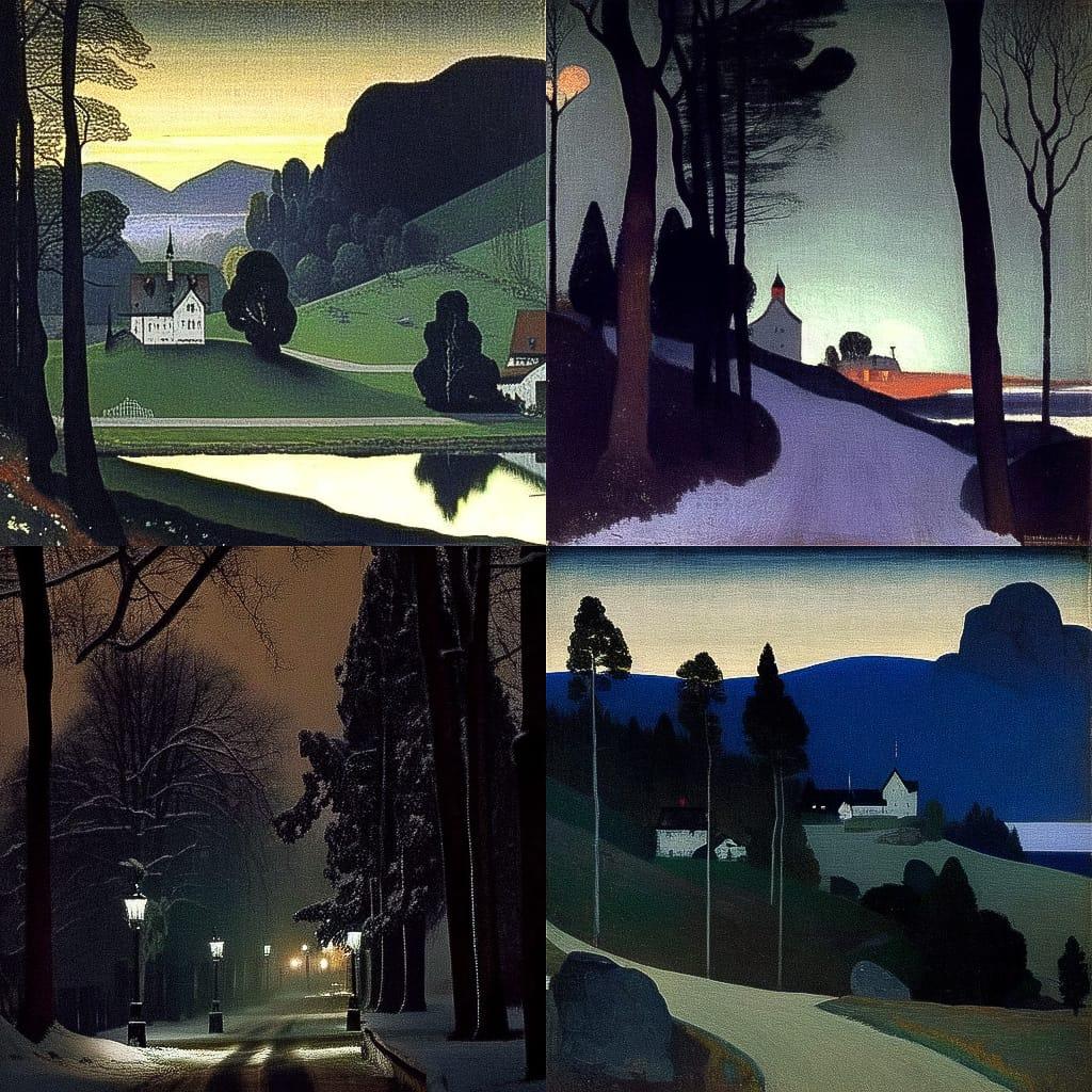 Harald Sohlberg style, Midjourney Niji 4, render 1 of 4
