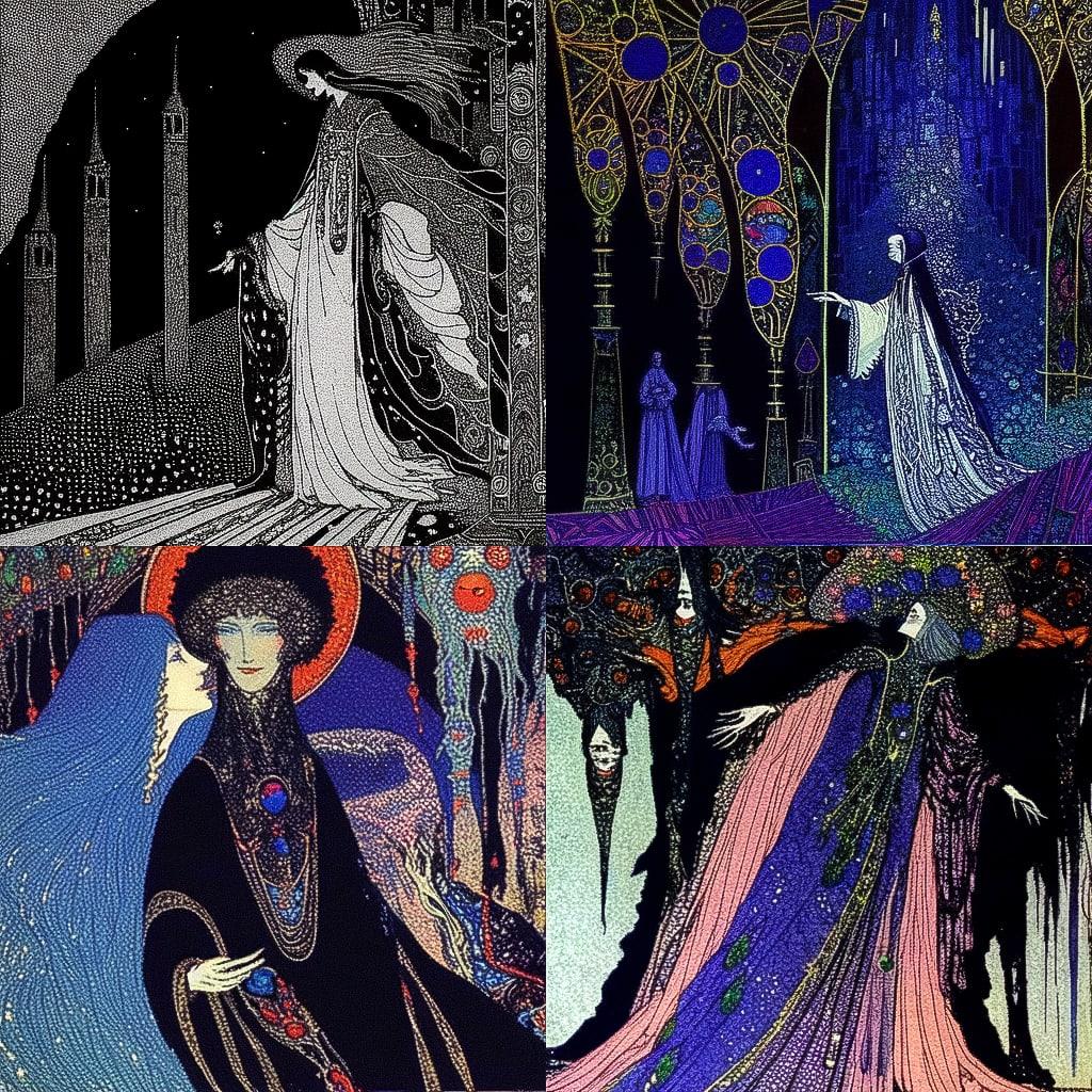 Harry Clarke style, Midjourney Niji 4, render 1 of 4