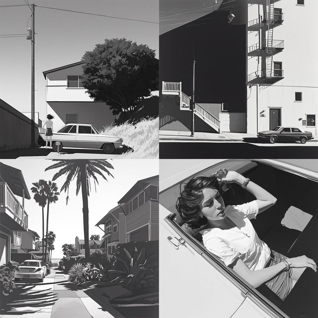 Henry Wessel style, Midjourney Niji 5, render 1 of 4