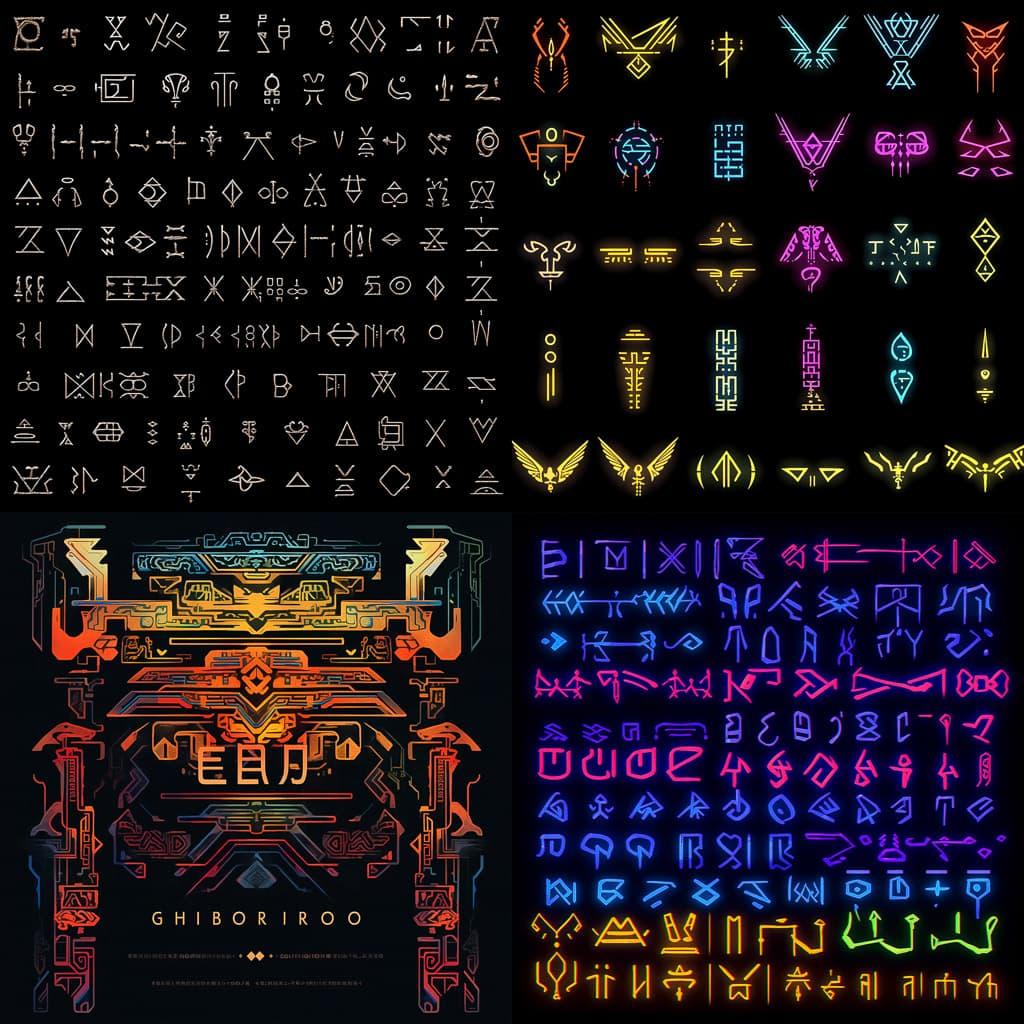 Hieratic script style, Midjourney Niji 5, render 1 of 4