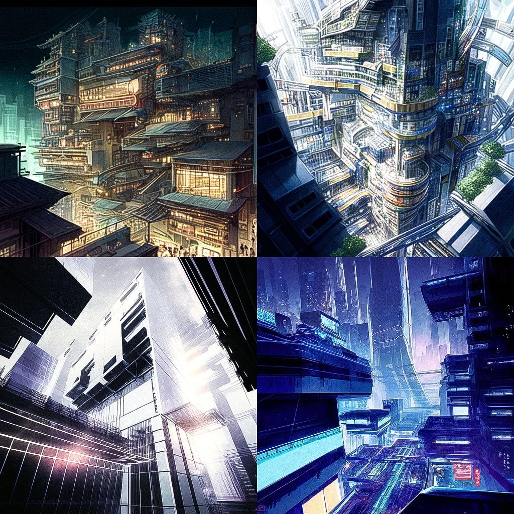 High-tech architecture style, Midjourney Niji 4, render 1 of 4