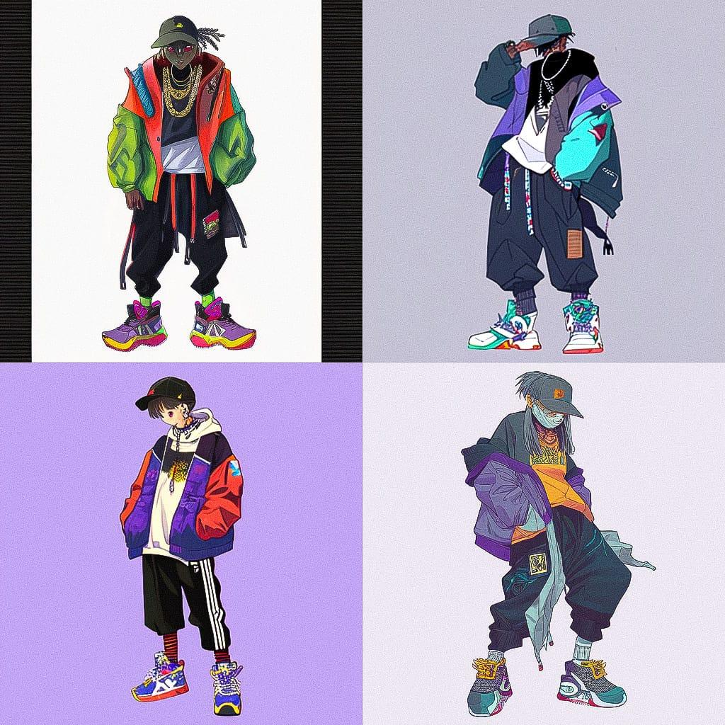 Hip Hop fashion style, Midjourney Niji 4, render 1 of 4